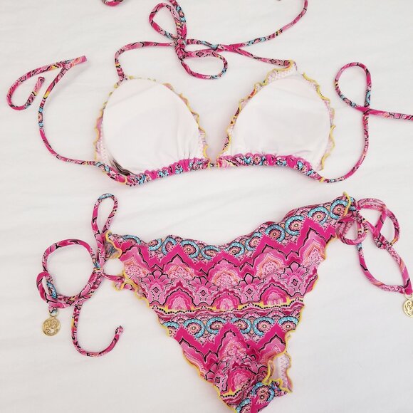 Luli Fama Hot Pink & Turquoise Summer Fling Bikini Set with Cover Up Mini Dress - Picture 11 of 16